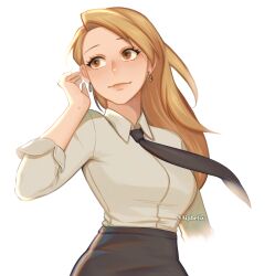 Rule 34 | 1girl, absurdres, aiphelix, black necktie, blonde hair, blush, breasts, earrings, fullmetal alchemist, highres, jewelry, large breasts, long hair, long sleeves, looking to the side, necktie, riza hawkeye, shirt, simple background, upper body, white background, white shirt, yellow eyes