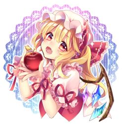 Rule 34 | 1girl, apple, blonde hair, bow, dress, fang, flandre scarlet, food, fruit, hat, hat bow, looking at viewer, masaru.jp, mob cap, open mouth, pink eyes, puffy short sleeves, puffy sleeves, red dress, ribbon, shirt, short sleeves, side ponytail, solo, sparkle, touhou, upper body, wings, wrist cuffs