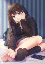 Rule 34 | 1girl, aqua eyes, bag, barefoot, black socks, brown hair, cable, cardigan, closed mouth, collared shirt, digital media player, dress shirt, feet, foreshortening, grey skirt, hand on foot, hand on own cheek, hand on own face, hands on feet, head tilt, idolmaster, kneehighs, long hair, long sleeves, looking at viewer, miniskirt, no shoes, pleated skirt, school uniform, shadow, shibuya rin, shirt, shoulder bag, single kneehigh, single sock, sitting, skirt, smile, socks, soles, solo, striped, striped background, toes, very long hair, white shirt, xiao chichi