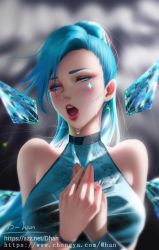 Rule 34 | 1girl, absurdres, bare shoulders, blue dress, blue eyes, blue hair, blurry, blurry background, blush, breasts, choker, d-han, dress, earrings, grey background, half-closed eyes, hands up, highres, ice, ice wings, jewelry, k/da (league of legends), k/da all out seraphine superstar, large breasts, league of legends, lips, long hair, looking at viewer, open mouth, seraphine (league of legends), simple background, solo, tears, teeth, upper body, upper teeth only, watermark, wings