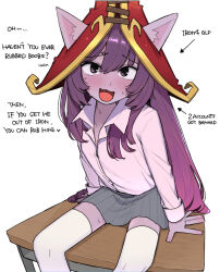 Rule 34 | 1girl, :d, alternate costume, blush, chair, ears through headwear, english text, grey skirt, hat, league of legends, long hair, lulu (league of legends), miniskirt, ohasi, open mouth, pleated skirt, purple hair, red hat, shirt, simple background, skirt, smile, solo, sweat, thighhighs, white background, white shirt, white thighhighs, witch hat