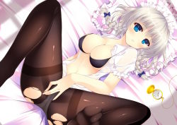 Rule 34 | 1girl, bed, bekotarou, black pantyhose, blue eyes, blush, bra, braid, breasts, cleavage, frilled pillow, frills, headdress, highres, izayoi sakuya, large breasts, legs, long hair, looking at viewer, lying, maid, maid headdress, open clothes, open mouth, open shirt, panties, panties under pantyhose, pantyhose, pillow, shirt, solo, spread legs, thighband pantyhose, torn clothes, torn pantyhose, touhou, twin braids, underwear, white hair