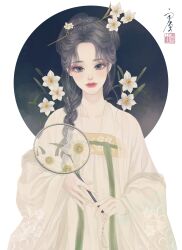 Rule 34 | 1girl, absurdres, braid, chinese clothes, closed mouth, collarbone, commentary, daffodil, eyeshadow, fingernails, floral print, flower, green ribbon, grey eyes, grey hair, hair flower, hair ornament, hand fan, hanfu, highres, holding, holding fan, lips, long hair, long sleeves, looking at viewer, makeup, original, pale skin, parted bangs, qixiong ruqun, red eyeshadow, ribbon, robe, ruqun, seal impression, signature, single braid, solo, standing, straight-on, transparent fan, tuanshan, upper body, ushiyama ame, white flower, white robe, wide sleeves