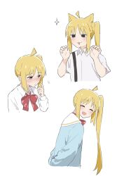 Rule 34 | 1girl, :3, ahoge, blonde hair, blush, bocchi the rock!, bow, bowtie, closed eyes, collared shirt, commentary, cropped torso, hand on own cheek, hand on own face, highres, ijichi nijika, index finger raised, looking back, looking to the side, ookiiayu, open mouth, paw pose, red bow, red bowtie, red eyes, school uniform, shirt, short sleeves, side ponytail, sidelocks, smile, smug, white shirt