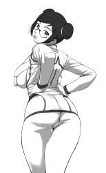Rule 34 | 1girl, ass, backboob, bra, breasts, curvy, double bun, covered erect nipples, from behind, glasses, greyscale, hands on own hips, highres, holon, huge breasts, lingerie, looking back, monochrome, nishitsuki, nishitsuki tsutomu, open clothes, open shirt, panties, real drive, shirt, sideboob, solo, underwear