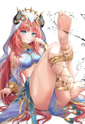 Rule 34 | 1girl, absurdres, armlet, barefoot, blue skirt, blush, bnari, bracer, breasts, brooch, feet, genshin impact, green eyes, hair ornament, harem outfit, highres, horns, jewelry, large breasts, long hair, long sleeves, looking at viewer, low twintails, neck ring, nilou (genshin impact), puffy long sleeves, puffy sleeves, red hair, sash, sidelocks, skirt, smile, soles, solo, thighlet, thighs, twintails, veil, water
