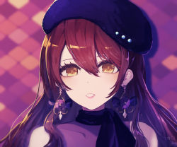 Rule 34 | 1girl, bad id, bad pixiv id, bare shoulders, beret, black hat, blurry, blurry background, bow, brown eyes, brown hair, commentary request, depth of field, earrings, flower, hat, idolmaster, idolmaster shiny colors, jewelry, long hair, looking at viewer, minyom, osaki tenka, parted lips, pink flower, portrait, purple bow, signature, sleeveless, solo