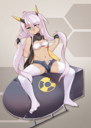 Rule 34 | 1girl, ahoge, azur lane, bandeau, black gloves, blue eyes, blush, bomb, breasts, closed mouth, commentary request, dark-skinned female, dark skin, explosive, expressionless, eyes visible through hair, facepaint, fat man (nuclear bomb), full body, gloves, grey shorts, hair between eyes, hand in own hair, hazard symbol, heart, heart ahoge, heterochromia, highres, horns, indianapolis (azur lane), long hair, looking at viewer, mechanical horns, medium breasts, micro shorts, navel, no shoes, nuclear weapon, open fly, pink hair, radiation symbol, shorts, sitting, solo, the hermit, thighhighs, twintails, underboob, very long hair, weapon of mass destruction, white bandeau, white thighhighs, yellow eyes