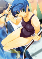 Rule 34 | 00s, 3girls, absurdres, barefoot, blue hair, competition swimsuit, feet, from above, green eyes, grin, highres, ino (magloid), kimihagu, looking at viewer, multiple girls, one-piece swimsuit, pool, pool ladder, poolside, puddle, scan, short hair, sitting, smile, soaking feet, solo focus, swimsuit, wading, water, wet, yuzuki minami