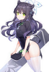 Rule 34 | 1girl, :o, animal ears, black hair, blue archive, china dress, chinese clothes, cowboy shot, dress, floating hair, flower, green eyes, hair flower, hair ornament, halo, heart, heart-shaped pupils, highres, long hair, looking at viewer, open mouth, pelvic curtain, ririko (zhuoyandesailaer), short sleeves, shun (blue archive), shun (small) (blue archive), skindentation, solo, symbol-shaped pupils, thighhighs, thighs, tiger ears, very long hair, wavy hair, white background, white thighhighs