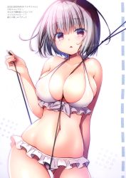 Rule 34 | 1girl, ?, absurdres, audio cable, audio jack, bare shoulders, between breasts, between legs, bikini, breasts, cable, collarbone, contrapposto, frilled bikini, frills, gluteal fold, gradient background, gridman universe, hand up, highres, large breasts, light purple hair, looking at viewer, parted lips, purple eyes, sasai saji, scan, shinjou akane, short hair, signature, simple background, solo, spoken question mark, ssss.gridman, swimsuit, white bikini