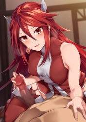 Rule 34 | 1boy, 1girl, bare shoulders, blush, breasts, censored, cordelia (fire emblem), covered erect nipples, dress, erection, fire emblem, fire emblem awakening, handjob, hetero, highres, long hair, looking at viewer, medium breasts, mosaic censoring, nintendo, open mouth, penis, red dress, red eyes, red hair, red thighhighs, short dress, smile, solo focus, thighhighs, thighs, tsuki tokage, wing hair ornament
