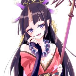 Rule 34 | 10s, 1girl, breasts, chain chronicle, cleavage, demon girl, fingerless gloves, gloves, horns, japanese clothes, large breasts, long hair, makeup, oni, open mouth, purple eyes, purple hair, single horn, staff, yumiko (chain chronicle)