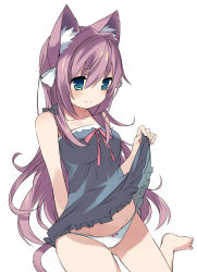 Rule 34 | 1girl, absurdres, animal ears, bad id, bad pixiv id, bare shoulders, barefoot, blue eyes, bow, camisole, cat ears, clothes lift, collarbone, dress, dress lift, groin, highres, long hair, mizuki (koko lost), original, panties, purple hair, ribbon, simple background, sitting, smile, solo, underwear, white background