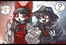 Rule 34 | 2girls, ?, @ @, ascot, black border, black hair, blunt bangs, blush stickers, book, border, bow, breath, capelet, colored skin, detached sleeves, excited, eyebrows, fedora, glasses, gradient background, hair bow, hair ribbon, hair tubes, hakurei reimu, hand on another&#039;s arm, hat, hat bow, hatching (texture), index finger raised, letterboxed, linear hatching, looking at another, multiple girls, necktie, open book, pointing, pointing at self, raised eyebrow, red bow, red eyes, red necktie, ribbon, ribbon trim, semi-rimless eyewear, sidelocks, skirt, skirt set, smile, spoken object, spoken question mark, suenari (peace), touhou, usami renko, usami sumireko, white skin