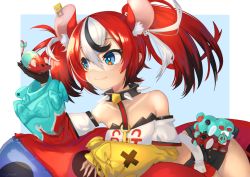 Rule 34 | 1girl, animal ear fluff, animal ears, bare shoulders, black gloves, black hair, blue eyes, collar, collarbone, commentary, detached sleeves, dice hair ornament, gloves, hair between eyes, hair ornament, hakos baelz, highres, hololive, hololive english, long hair, long sleeves, mouse ears, mr. squeaks (hakos baelz), multicolored hair, red hair, single glove, smile, solo, spiked collar, spikes, streaked hair, takuyarawr, twintails, virtual youtuber, white hair