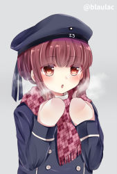 Rule 34 | 10s, 1girl, bad id, bad pixiv id, breath, brown eyes, brown hair, clothes writing, dress, hat, highres, kantai collection, long sleeves, masayo (gin no ame), mittens, open mouth, sailor collar, sailor dress, sailor hat, scarf, short hair, solo, twitter username, z3 max schultz (kancolle)