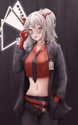 Rule 34 | 1girl, :d, absurdres, adjusting eyewear, arknights, belt, black jacket, black necktie, black pants, braid, commentary request, cowboy shot, crop top, half updo, hand on eyewear, hand up, highres, horns, jacket, long hair, long sleeves, looking at viewer, midriff, namikare, navel, necktie, nian (arknights), open clothes, open jacket, open mouth, pants, pointy ears, purple eyes, red belt, red shirt, shirt, smile, solo, standing, stomach, tongue, tongue out, white hair