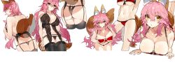Rule 34 | 1girl, :3, absurdres, animal ear fluff, animal ears, ass, black bra, black panties, black thighhighs, blush, bra, breasts, cleavage, closed mouth, commentary, commentary request, fate/extra, fate/grand order, fate (series), fox ears, fox girl, fox tail, groin, highres, kou mashiro, large breasts, long hair, looking at viewer, looking back, panties, pink hair, red bra, red panties, simple background, solo, standing, string, tail, tamamo (fate), tamamo no mae (fate/extra), thighhighs, underboob, underwear, underwear only, white background, yellow eyes