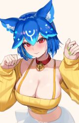 Rule 34 | 1girl, animal ears, bao (vtuber), bao (vtuber) (5th costume), bell, blonde hair, blue hair, blurry, blush, breasts, camisole, cleavage, closed mouth, collar, commentary, cowboy shot, crop top, depth of field, detached sleeves, green nails, highres, indie virtual youtuber, large breasts, liquid hair, looking at viewer, maenoo, midriff, multicolored hair, nail polish, neck bell, nervous smile, official alternate costume, red collar, red eyes, ribbed sleeves, short hair, simple background, skirt, smile, solo, virtual youtuber, whale girl, white skirt, yellow background, yellow camisole