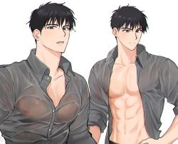 Rule 34 | 1boy, abs, alskatn77, bara, black hair, closed mouth, collared shirt, covered erect nipples, grey shirt, large pectorals, looking at viewer, male focus, muscular, muscular male, navel, open clothes, open mouth, open shirt, original, pectorals, see-through, shirt, short hair, simple background, sleeves rolled up, solo, upper body, wet, wet clothes, wet shirt