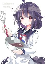 Rule 34 | 1girl, ahoge, animal print, apron, blue sailor collar, blue skirt, bowl, cowboy shot, fathom, fish print, flying sweatdrops, hair flaps, highres, kantai collection, looking at viewer, low twintails, magatama, purple hair, red eyes, sailor collar, school uniform, serafuku, simple background, skirt, solo, taigei (kancolle), twintails, twitter username, whale print, whisk, white background