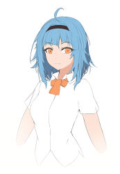 Rule 34 | 1girl, black hairband, blue hair, closed mouth, commentary, cropped torso, eien (x0b3o6x7), girls&#039; frontline, hairband, looking at viewer, medium hair, orange eyes, shirt, short sleeves, smile, solo, t91 (girls&#039; frontline), upper body, white background, white shirt