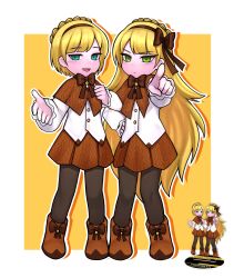 Rule 34 | 1boy, 1girl, absurdres, black pantyhose, blonde hair, blue eyes, boots, bow, brooch, brother and sister, brown capelet, brown footwear, brown skirt, capelet, frilled sleeves, frills, green eyes, hair bow, headband, highres, jewelry, kangrim39, lobotomy corporation, long hair, neck ribbon, pantyhose, project moon, ribbon, short hair, siblings, skirt, tiphereth a (project moon), tiphereth b (project moon), yellow brooch