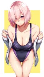 Rule 34 | 1girl, absurdres, blush, breasts, cleavage, collarbone, competition swimsuit, cowboy shot, fate (series), gluteal fold, hair between eyes, hair over one eye, highleg, highleg swimsuit, highres, large breasts, leaning forward, mash kyrielight, one-piece swimsuit, oogatazin, pink hair, purple eyes, short hair, solo, standing, swimsuit, thigh gap, two-tone background, yellow background