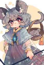 Rule 34 | 1girl, ahoge, animal ears, black dress, capelet, closed mouth, dowsing rod, dress, grey capelet, grey hair, highres, jewelry, long sleeves, mame komari, mouse ears, mouse tail, nazrin, pendant, red eyes, short hair, solo, tail, touhou, twitter username