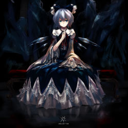 Rule 34 | 1girl, adapted costume, alternate costume, blue eyes, blue hair, bow, chair, cirno, dark, dress, frilled dress, frills, hair bow, jq, lace, matching hair/eyes, reflection, short hair, solo, touhou, wings