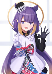 Rule 34 | 1girl, animal ears, arm behind back, black gloves, blunt bangs, bow, commentary, d:, dress, gloves, halo, hand up, highres, hololive, hololive english, kenjun, light blush, long hair, long sleeves, low twintails, mole, mole under eye, multicolored hair, ninomae ina&#039;nis, ninomae ina&#039;nis (party dress), official alternate costume, official alternate hairstyle, open mouth, orange hair, pointy ears, purple eyes, purple hair, simple background, smile, solo, twintails, very long hair, virtual youtuber, waving, white background