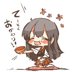 Rule 34 | 1girl, akagi (kancolle), blush, bowl, chibi, chopsticks, commentary request, closed eyes, flower, food, food on face, kantai collection, long hair, lowres, open mouth, pillow, rebecca (keinelove), rice bowl, smile, solo, translated