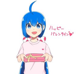 Rule 34 | 1girl, ahoge, blue eyes, blue hair, bow, box, commentary, gift, gift box, hair bow, happy valentine, heart, heart print, highres, holding, holding box, holding gift, incoming gift, kinoshita (k1n0shita), long hair, looking at viewer, open mouth, otomachi una, pink shirt, pov, shirt, short sleeves, simple background, smile, solo, twintails, upper body, valentine, very long hair, vocaloid, white background