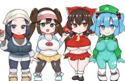 Rule 34 | 4girls, :&gt;, adapted costume, akari (pokemon), alice (nikke), alice (nikke) (cosplay), alternate breast size, aqua bodysuit, ascot, black eyes, black hair, black pantyhose, blue eyes, blue hair, bodysuit, boots, bow, breasts, brown eyes, brown hair, cleavage, commentary request, cosplay, creatures (company), crop top, crop top overhang, cropped jacket, dekapaiyukari, detached sleeves, double bun, frown, galaxy expedition team survey corps uniform, game freak, gluteal fold, goddess of victory: nikke, green eyes, hair bobbles, hair bow, hair bun, hair ornament, hair tubes, hakurei reimu, hat, head scarf, holding, holding poke ball, huge breasts, impossible bodysuit, impossible clothes, kawashiro nitori, miniskirt, multiple girls, navel, nintendo, open mouth, pantyhose, poke ball, poke ball (basic), poke ball (legends), pokemon, pokemon bw2, pokemon legends: arceus, red scarf, rosa (pokemon), scarf, skirt, smile, touhou, twintails, two side up, underboob, visor cap, white footwear, yellow ascot