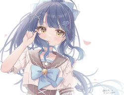 Rule 34 | 1girl, :o, absurdres, amamiya kokoro, arrow through heart, backlighting, bell, blue bow, blue choker, blue hair, blue ribbon, blunt bangs, bow, choker, commentary request, fang, hair ornament, hair ribbon, hairclip, heart, heart hair ornament, highres, jingle bell, long hair, looking at viewer, nijisanji, petals, ponytail, puffy short sleeves, puffy sleeves, ribbon, roku 6, sailor collar, short sleeves, simple background, skin fang, solo, twitter username, upper body, virtual youtuber, white background, x hair ornament, yellow eyes