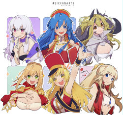 Rule 34 | 6+girls, ahoge, arknights, arm up, blonde hair, blue eyes, blue hair, blush, breasts, brown eyes, cleavage, closed mouth, estelle (arknights), fate/grand order, fate (series), final fantasy, final fantasy xiv, fire emblem, fire emblem: the binding blade, fire emblem: three houses, fork, green eyes, hand on own chest, hat, heart, highres, holding, holding fork, jewelry, large breasts, lilina (fire emblem), long hair, looking at viewer, lyse hext, lysithea von ordelia, multiple drawing challenge, multiple girls, necklace, nero claudius (fate), nero claudius (fate) (all), nero claudius (fate/extra), nintendo, open mouth, pink eyes, ponytail, red headwear, rirene rn, short hair, silver hair, six fanarts challenge, smile, teeth, upper teeth only