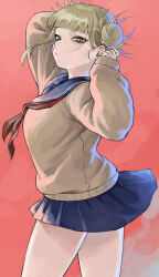 Rule 34 | 1girl, absurdres, bags under eyes, blonde hair, blue sailor collar, blue skirt, boku no hero academia, brown cardigan, cardigan, double bun, fengling (furin-jp), from side, hair bun, hands up, highres, messy hair, neckerchief, orange background, red neckerchief, sailor collar, simple background, skirt, slit pupils, solo, toga himiko, yellow eyes