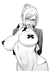 Rule 34 | 10s, 1girl, blush, bottomless, breasts, covered erect nipples, female focus, glasses, hair bun, huge breasts, jacket, lipstick, looking at viewer, makeup, monochrome, motchie, navel, no panties, open clothes, open mouth, pasties, prison school, school uniform, shiraki meiko, simple background, single hair bun, solo, stomach, tape, tape on nipples, white background
