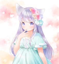 Rule 34 | 1girl, animal ears, blue dress, blush, commentary request, dress, finger to own chin, flower, hair flower, hair ornament, highres, long hair, looking at viewer, mutou mato, original, purple eyes, purple hair, short sleeves, smile, solo, upper body