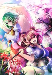 Rule 34 | 2girls, blouse, breasts, cherry blossoms, cleavage, dress, green hair, hair bobbles, hair ornament, highres, janne cherry, japanese clothes, kazami yuuka, large breasts, long sleeves, looking at another, looking at viewer, multiple girls, obi, onozuka komachi, open mouth, outdoors, pink eyes, pink hair, plaid, plaid dress, plaid skirt, puffy long sleeves, puffy short sleeves, puffy sleeves, red eyes, sash, scythe, shirt, short hair, short sleeves, short twintails, sitting, skirt, smile, standing, touhou, twintails, two side up, umbrella, white shirt
