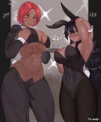 Rule 34 | 2girls, @ @, abs, animal ears, arm behind head, bikini, bikini top only, black hair, black leotard, black pantyhose, black shrug, blush, breasts, character name, cleavage, cocktail glass, commission, covered abs, covered navel, cup, dark-skinned female, dark skin, drinking glass, fang, green eyes, hair between eyes, hands on own chest, highleg, highleg leotard, highres, holding, holding tray, huge breasts, large breasts, leotard, long hair, maebari, meme attire, multiple girls, muscular, muscular female, navel, obliques, open mouth, original, pantyhose, parted bangs, parted lips, playboy bunny, ponytail, rabbit ears, rabbit tail, red eyes, red hair, reverse bunnysuit, reverse outfit, short hair, soolee040995, stomach, sweatdrop, swimsuit, tail, thick thighs, thighs, tray, wrist cuffs
