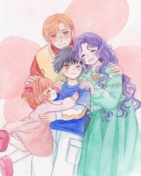 Rule 34 | 2boys, 2girls, ;), aged down, black hair, blue shirt, brooch, cardcaptor sakura, child, closed eyes, dress, facing viewer, glasses, green dress, hair bobbles, hair ornament, hand on another&#039;s head, hands on another&#039;s shoulders, happy, headpat, highres, imminent hug, jewelry, kinomoto fujitaka, kinomoto nadeshiko, kinomoto sakura, kinomoto touya, komugiko siki, layered sleeves, leaning forward, leaning on person, long sleeves, looking at viewer, multiple boys, multiple girls, one eye closed, one side up, orange eyes, orange hair, pants, parted bangs, pink dress, pink footwear, pocket, purple hair, red shirt, shirt, shoes, short over long sleeves, short sleeves, sidelocks, smile, sweater vest, t-shirt, traditional media, wavy hair, white pants