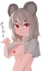Rule 34 | 1girl, absurdres, animal ears, bandaid, bandaids on nipples, breasts, capelet, capelet lift, clip studio paint (medium), closed mouth, commentary request, grey capelet, grey hair, highres, lenserd, lifted by self, looking at viewer, mouse ears, mouse girl, naked capelet, nazrin, pasties, red eyes, short hair, simple background, small breasts, smile, solo, touhou, translation request, upper body, white background