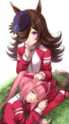 Rule 34 | 2girls, animal ears, blue flower, blue rose, breasts, brown hair, commentary request, eyebrows hidden by hair, finger to mouth, fingernails, flower, grass, hair over one eye, hairband, hand up, haru urara (umamusume), hat, hat flower, highres, horse ears, horse girl, horse tail, lap pillow, long hair, looking at viewer, merxkialis, multiple girls, outdoors, pants, parted lips, pink eyes, pink hair, pink hairband, ponytail, purple headwear, red pants, red shirt, rice shower (umamusume), rose, shirt, sidelocks, simple background, sitting, sleeping, small breasts, tail, tilted headwear, umamusume, upper body, wariza, white background