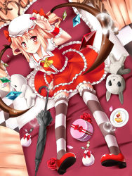 Rule 34 | 1girl, ascot, bad id, bad pixiv id, bag, bed, bedroom, blonde hair, bow, cake, checkered floor, female focus, flandre scarlet, floor, food, frilled pillow, frills, hat, hat bow, kurume shou, laevatein, looking at viewer, mary janes, panties, pillow, plate, puffy sleeves, red eyes, shoes, short hair, short sleeves, side ponytail, sitting, smile, solo, striped clothes, striped panties, stuffed animal, stuffed toy, thighhighs, touhou, umbrella, underwear, weapon, wings, wrist cuffs