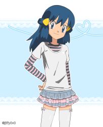 Rule 34 | 1girl, alternate costume, blue eyes, blue hair, closed mouth, commentary, cowboy shot, creatures (company), dawn (pokemon), eyelashes, frilled skirt, frills, game freak, hair ornament, hairclip, hand on own hip, heart, highres, jiffy0v0, long hair, looking at viewer, nintendo, pokemon, pokemon (anime), pokemon dppt (anime), shirt, skirt, smile, solo, thighhighs, undershirt, watermark, white thighhighs