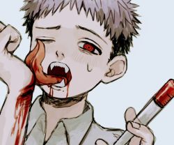Rule 34 | 1boy, bad id, bad pixiv id, bleeding, blood, blood from mouth, blood on arm, blush, cropped, gakudayo, grey background, grey hair, holding, holding syringe, licking blood, long tongue, male focus, mole, mole under mouth, one eye closed, original, red eyes, simple background, solo, sweat, syringe, tongue, tongue out, upper body, vampire