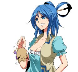 Rule 34 | 1girl, :d, animalization, arm garter, bird, blue dress, blue eyes, blue hair, breasts, cleavage, collarbone, commentary request, dress, hair ornament, hair rings, hair stick, kakao (noise-111), kaku seiga, large breasts, looking at another, matching hair/eyes, open clothes, open mouth, open vest, owl, puffy short sleeves, puffy sleeves, short sleeves, smile, solo, touhou, toyosatomimi no miko, upper body, vest, white background