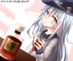 Rule 34 | 1girl, alcohol, anchor symbol, blue eyes, bottle, closed mouth, dated, flat cap, hair between eyes, hat, hibiki (kancolle), highres, kantai collection, long hair, long sleeves, looking at viewer, name connection, neckerchief, nuka (nvkka), object namesake, one-hour drawing challenge, red neckerchief, sailor collar, school uniform, serafuku, silver hair, smile, solo